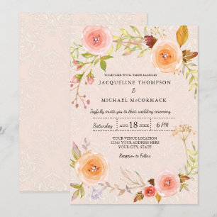 Invitation Élégant Floral n Damask Fête des mariées Wreath