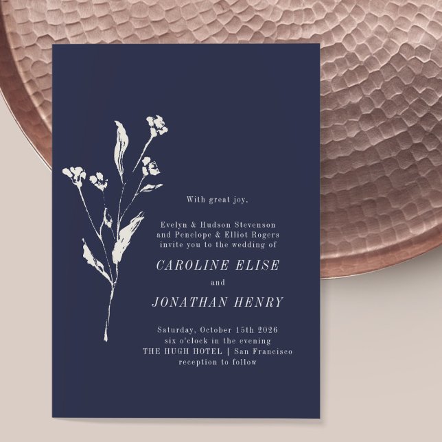 Invitation Élégant Floral Navy Bleu Mariage de l'écriture off (Créateur téléchargé)