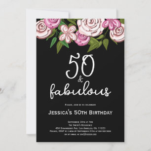 Invitation Élégant Floral Noir 50 et Fantastique Anniversaire