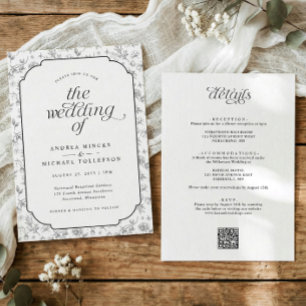 Invitation Élégant floral noir et blanc tout-en-un mariage