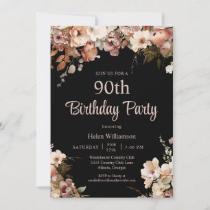 Invitation Élégant Floral noir et rose 90e anniversaire