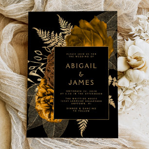 Invitation Élégant floral noir orange brûlé or mariage