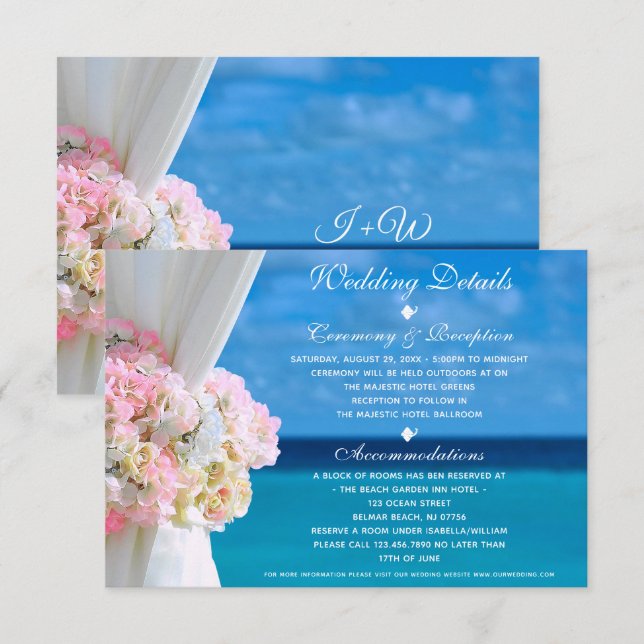 Invitation Elégant Floral Ocean Beach Détails de mariage Cart (Devant / Derrière)
