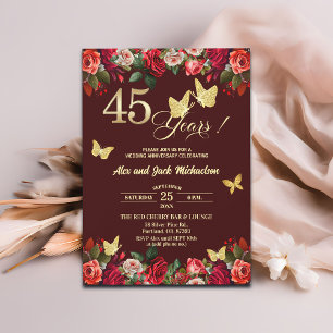 Invitation Élégant Floral Or 45ème Anniversaire de Mariage