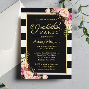 Invitation Élégant Floral Or Black White Stripes Graduation