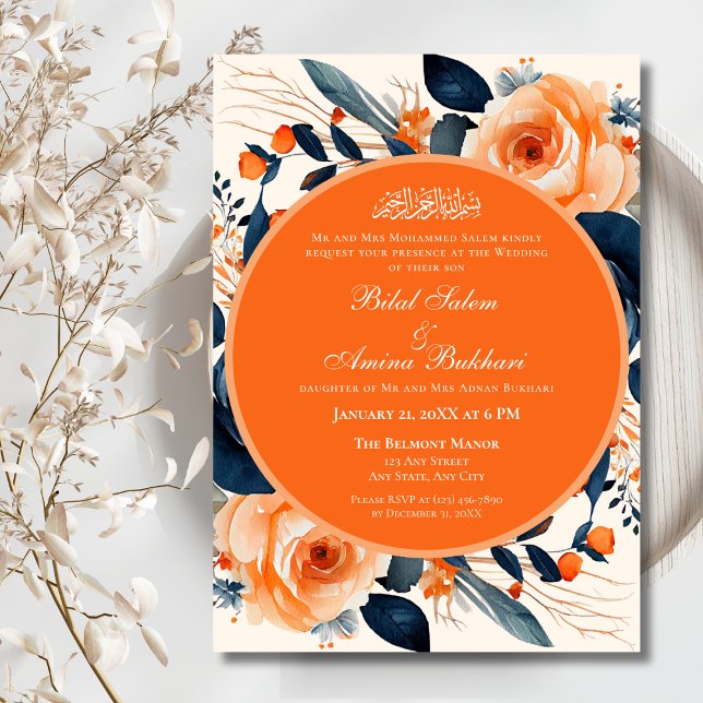 Invitation Elégant Floral Orange & Bleu Rose Mariage islamiqu (Créateur téléchargé)