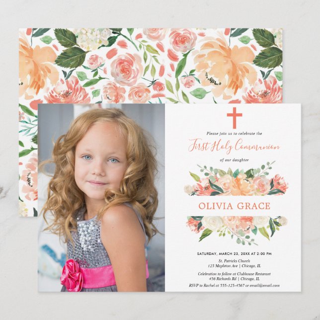 Invitation Élégant floral première communion sainte photo de  (Devant / Derrière)