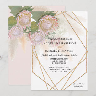 Invitation Elégant Floral Protea Pampas Grass Or géométrique