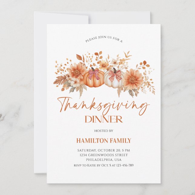 Invitation Elegant Floral pumpkin Thanksgiving Dinner party (Devant)