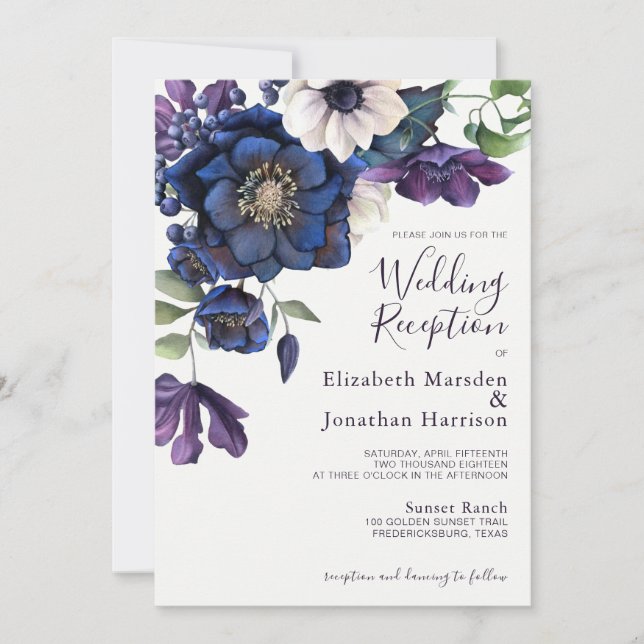 Invitation Elégant Floral Purple Marine Réception de mariage (Devant)