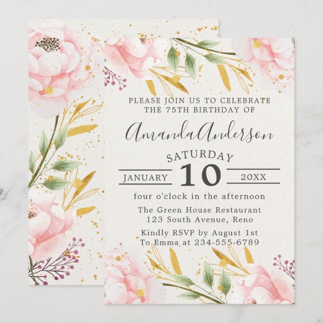 Invitation Élégant Floral Rose and Gold 75e anniversaire (Devant / Derrière)