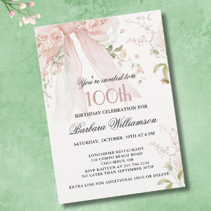 Invitation Élégant floral rose aquarelle 100e anniversaire