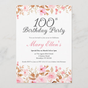 Invitation Élégant floral rose aquarelle 100e anniversaire