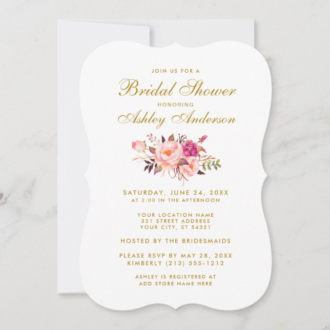Invitation Élégant Floral rose et or Fête des mariées Invitat (Devant)