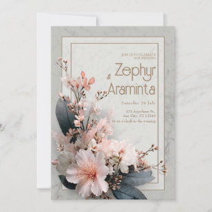 Invitation Élégant floral rose feuille sombre marbre mariage