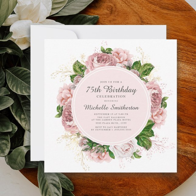 Invitation Elégant floral rose poudré vintage pour 75e annive (Pink vintage floral 75th birthday invitation)