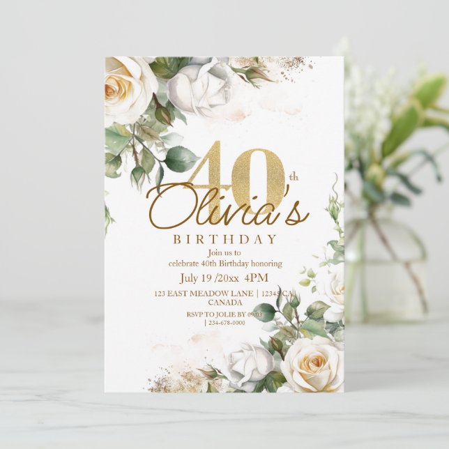 Invitation Elégant Floral Roses Blanches & Or 40e anniversair (Debout devant)