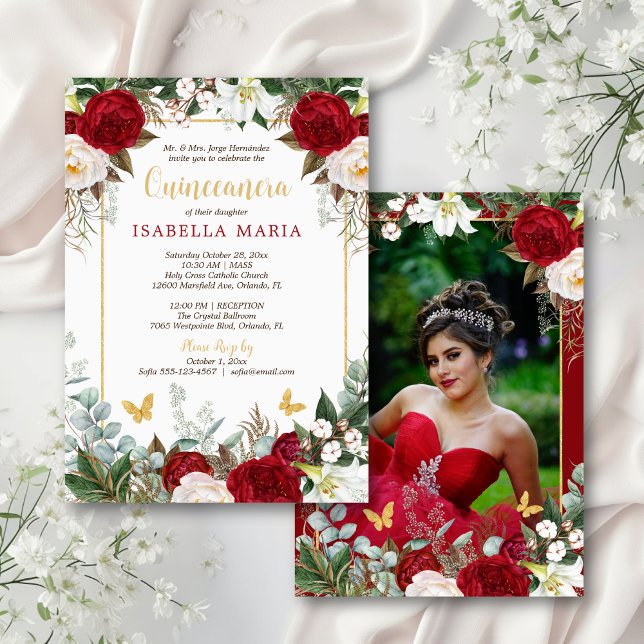 Invitation Élégant floral rouge moderne avec photo Quinceañer (This quince invite features red and white watercolor roses and a photo on the back.)