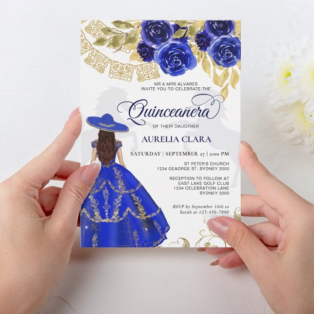 Invitation Elégant Floral Royal Blue Horse Quinceañera (Créateur téléchargé)