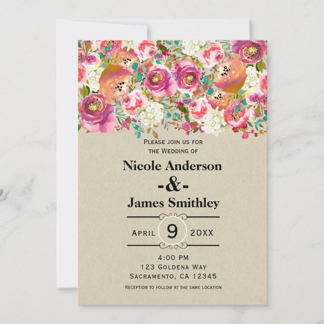 Invitation Élégant Floral Rustic Chic Kraft Monogram Mariage (Devant)