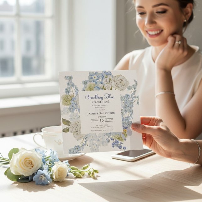 Invitation elegant Floral Something Blue Bridal shower QR  (Créateur téléchargé)