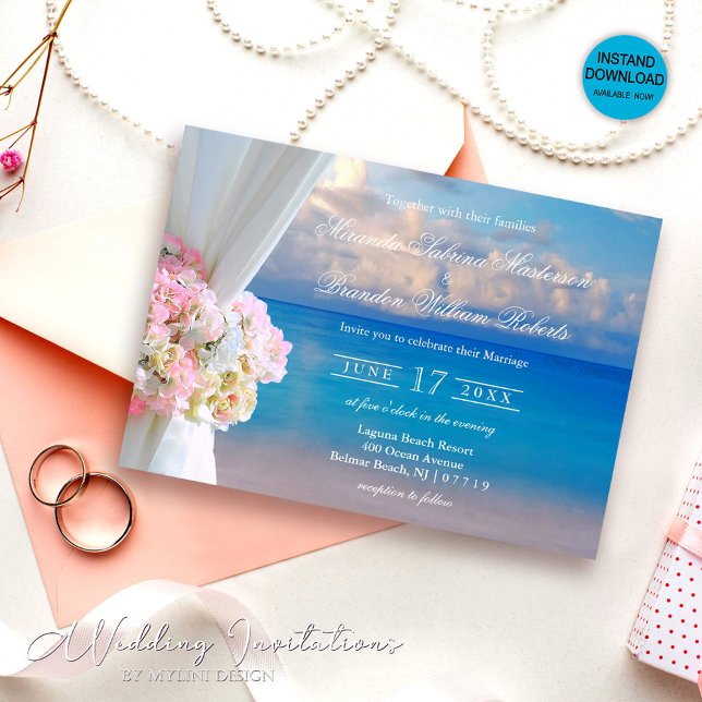 Invitation Elégant Floral Summer Sunset Ocean Beach Mariage (Créateur téléchargé)
