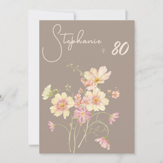 Invitation Elegant Floral Taupe Blush 80th Birthday (Devant)