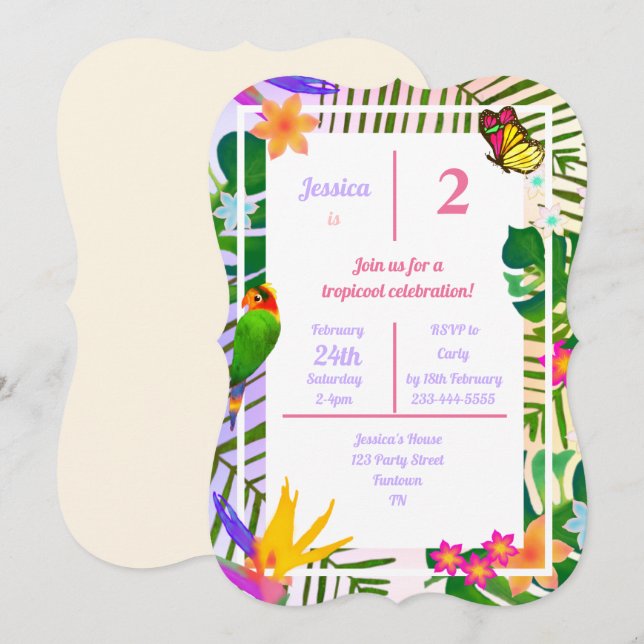 Invitation Élégant floral tropical vert palmier 2ème annivers (Devant / Derrière)