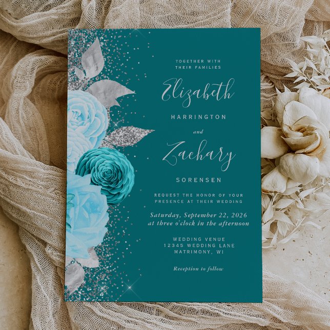 Invitation Elégant floral Turquoise Mariage Parties scintilla (An elegant choice for a floral themed wedding with a turquoise and silver color palette.)