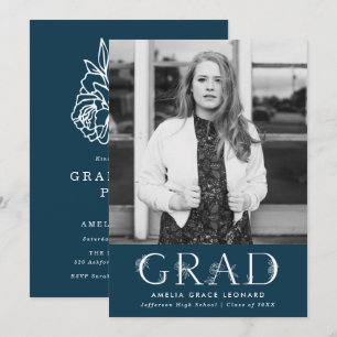 Invitation Élégant Floral Type Marine Photo Graduation Party