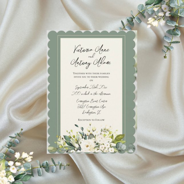 Invitation Élégant floral vert aquarelle mariage à bord festo (Créateur téléchargé)
