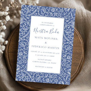 Invitation Élégant Floral Vintage Bleu Nuestra Boda Mariage