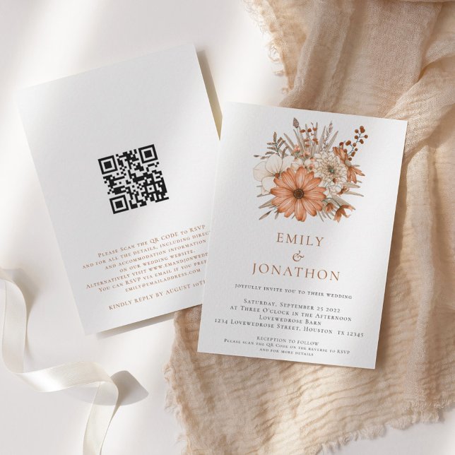Invitation Élégant Floraux d'automne QR Code Mariage (Créateur téléchargé)