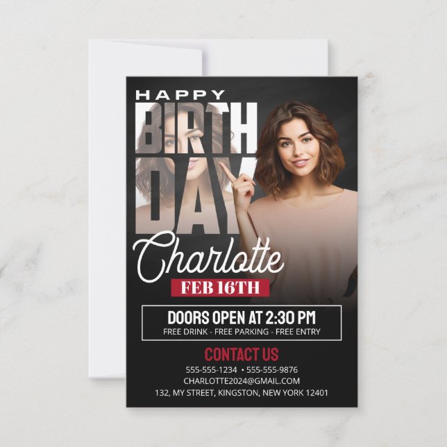 Invitation Elégant Flyer de fête d'anniversaire noir avec pho (Devant)
