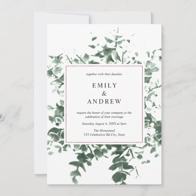Invitation Elégant Foilage Verdure & Rose Gold Frame Mariage (Devant)