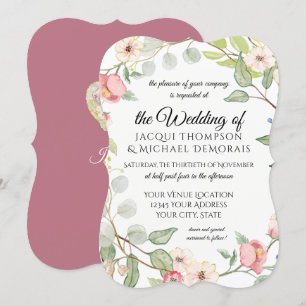 Invitation Élégant Foliage Berry Aquarelle rose Fleurs sauvag