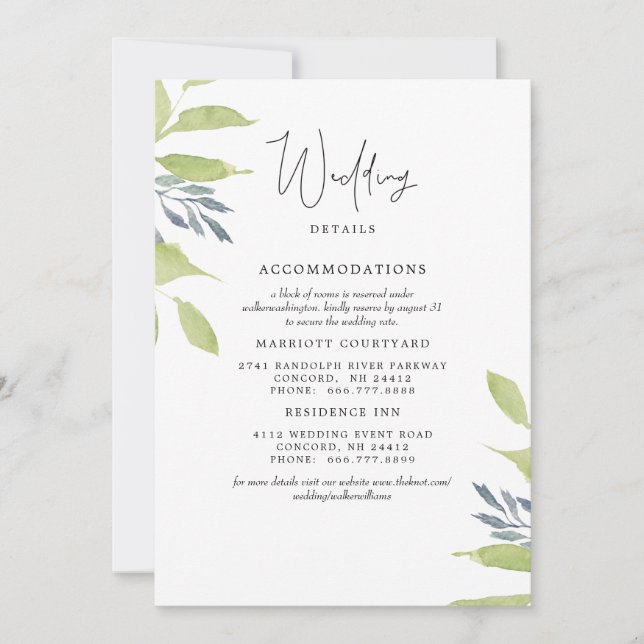 Invitation Elégant Foliage Simple Mariage 2 Hôtels Détails (Devant)