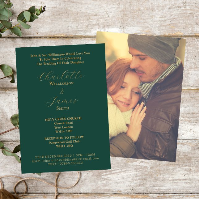 Invitation Élégant Forêt Vert Et Or Script Mariage Photo (Front And Back)