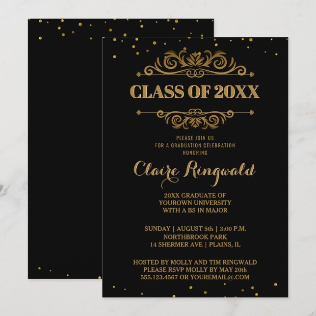 Invitation Élégant Formal Black Gold College Graduation Party (Devant / Derrière)