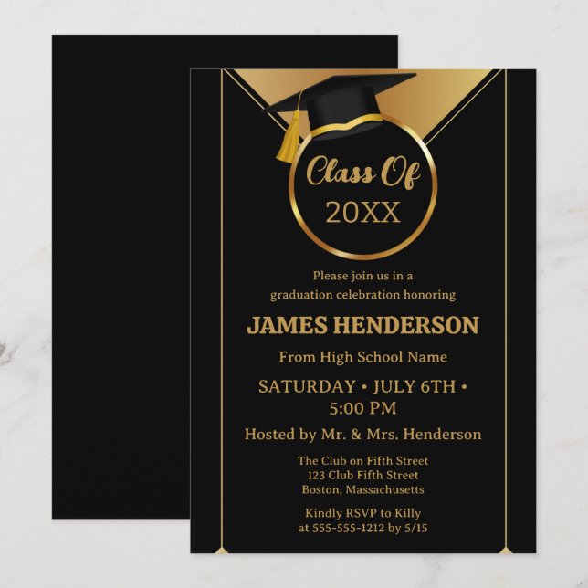Invitation Élégant Formal Gold College Graduation Party 2025 (Devant / Derrière)