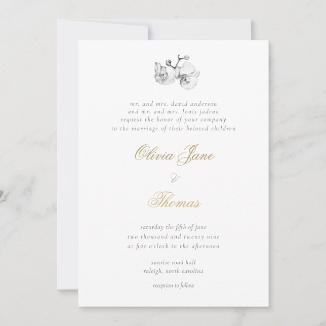 Invitation Élégant Formal Minimal Moderne Floral Mariage Or (Devant)