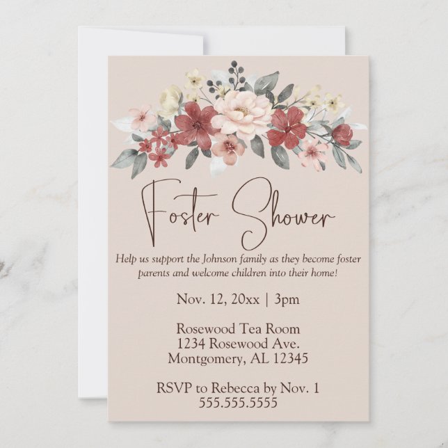 Invitation Elégant Foster Care Floral Baby/Douche pour enfant (Devant)