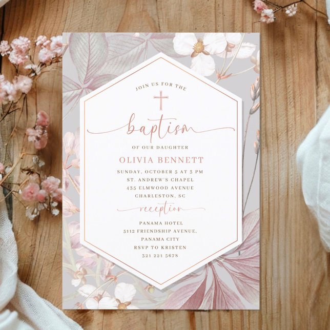 Invitation Elegant Frame Girl Baptism Flowery Watercolor (Créateur téléchargé)
