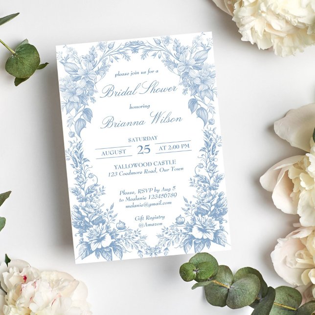 Invitation Élégant français toile chinoiserie bleu nuptiale (Elegant French garden toile chinoiserie dusty blue bridal editable Invitation instant download)