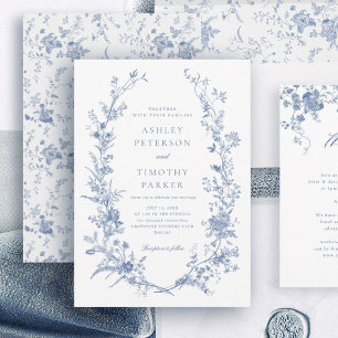 Invitation Élégant Français Vintage bleu Mariage floral