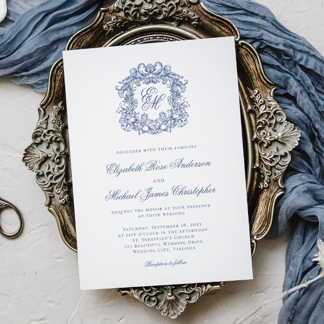 Invitation Elegant French Blue Monogram Crest Wedding (Créateur téléchargé)
