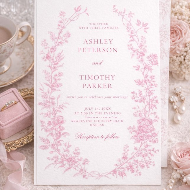 Invitation Elegant French Pink Toile Floral Wedding  (Créateur téléchargé)
