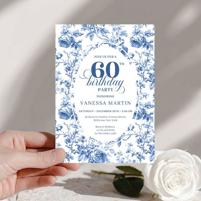 Invitation Elegant French Toile Blue Roses 60th Birthday   (Elegant French Toile Blue Roses 60th Birthday Invite)