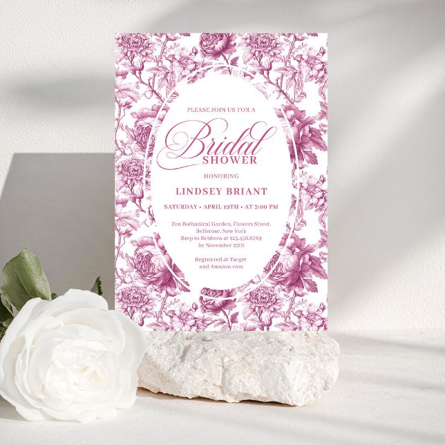 Invitation Elegant Fuchsia Pink Roses Pattern Bridal Shower  (Elegant Fuchsia Pink Roses Pattern Bridal Shower Invite)