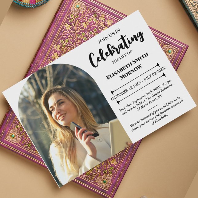 Invitation Elégant funérailles photo - Fête de la vie (Elegant Photo Funeral Invitation – Celebration of Life)